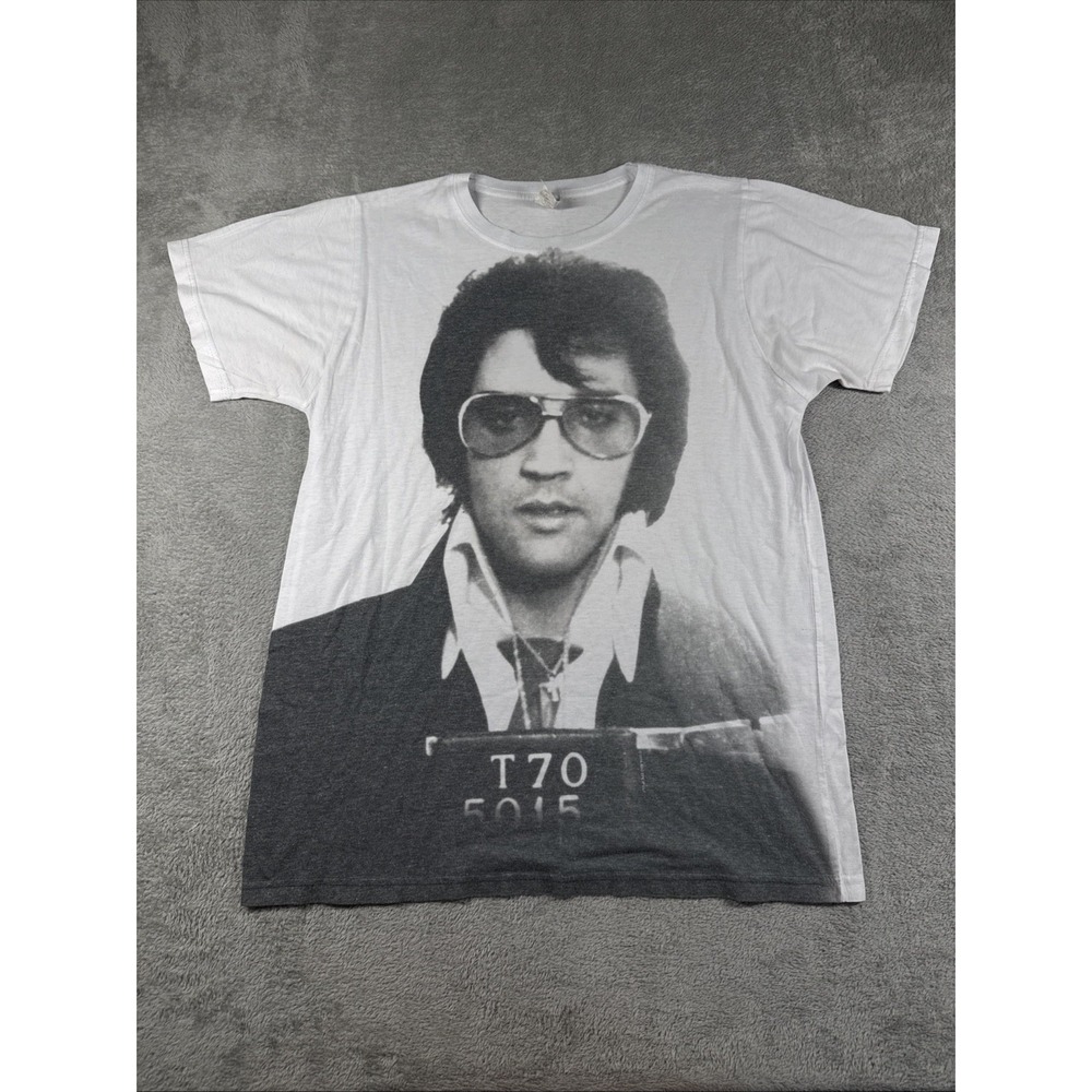 Logo Vision Men's Elvis Presley "Denver Mugshot" Graphic Print Shirt White Large
